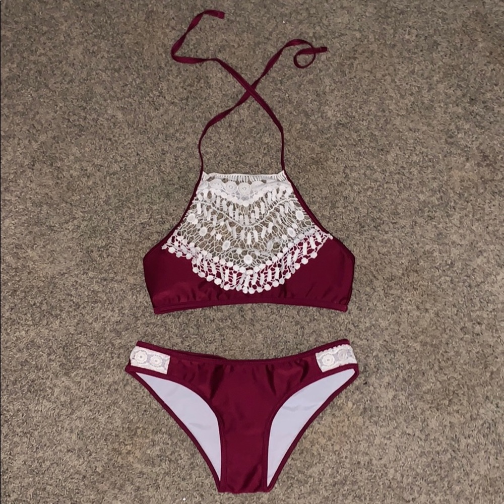 Burgundy & White Lace High Neck Bikini.